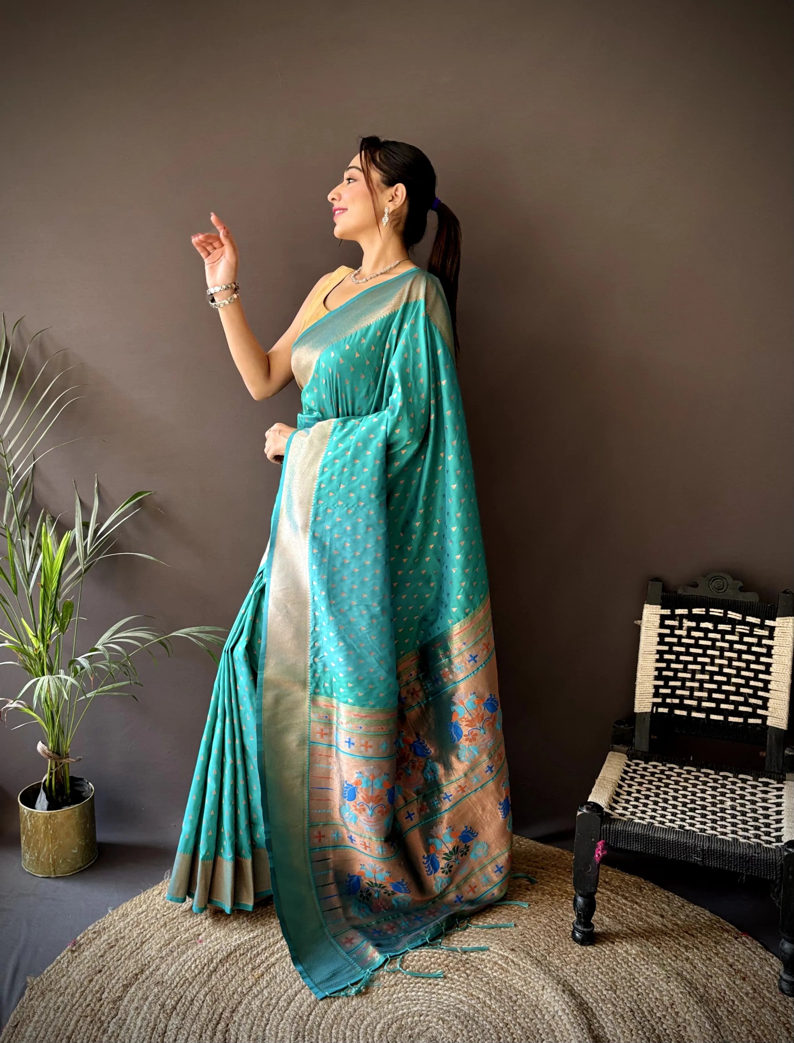 Pure Paithani Saree with Copper Zari & Designer Pallu – Soft Weave (Peacock Green)